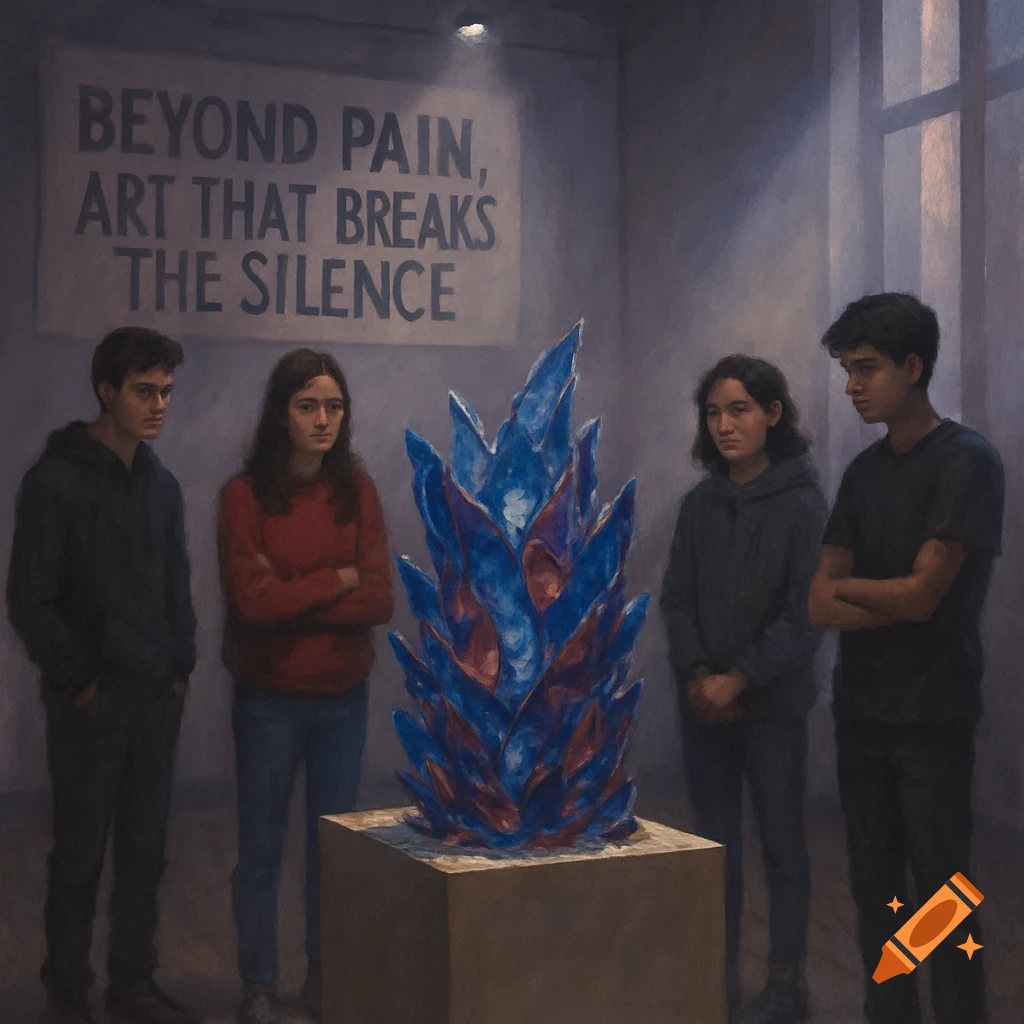 Four young people observe a blue and red spiky sculpture in a painterly art gallery. A banner reads "BEYOND PAIN, ART THAT BREAKS THE SILENCE".
