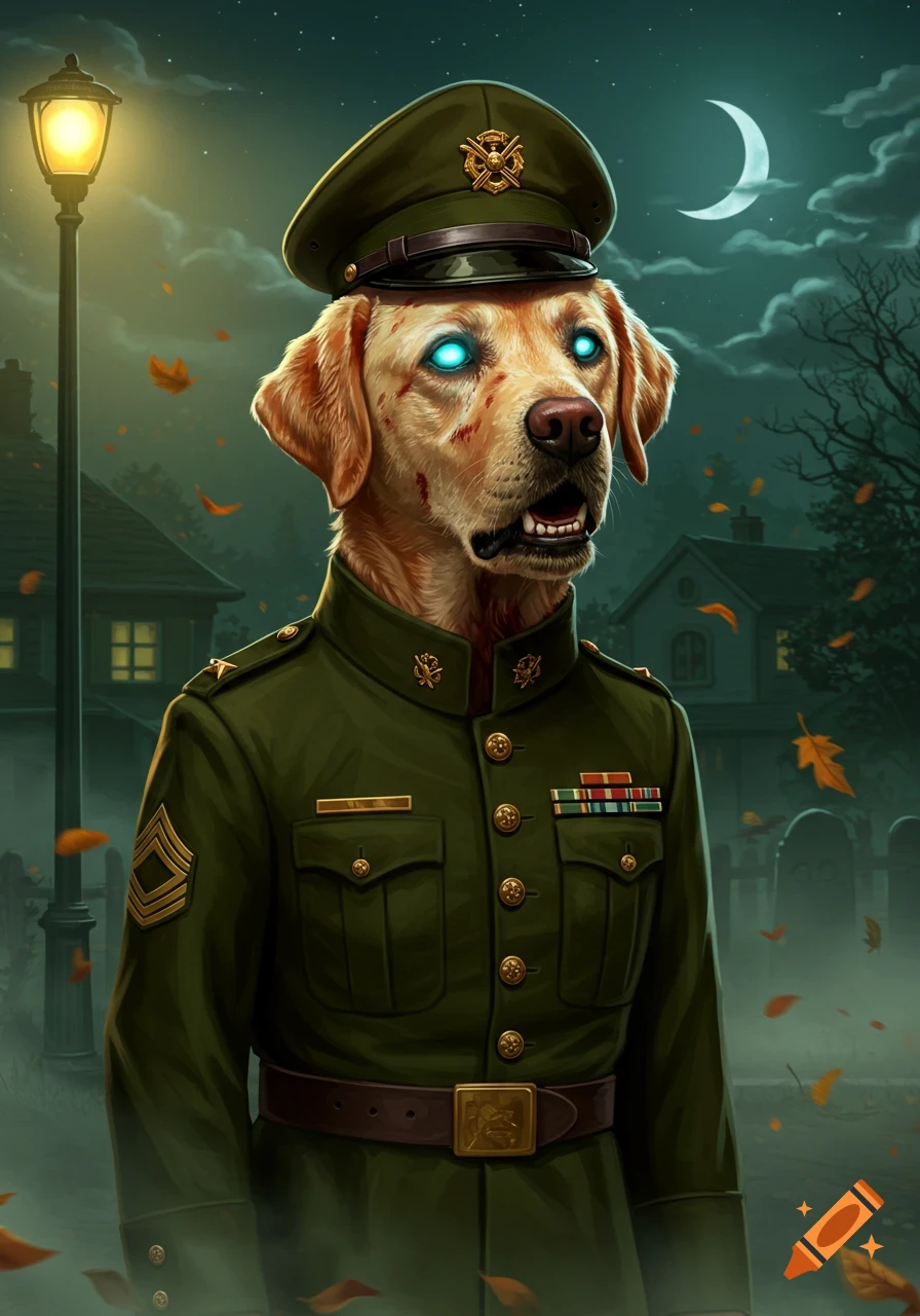A zombie yellow Labrador in a military sergeant uniform with glowing blue eyes stands under a lamppost on Halloween night.