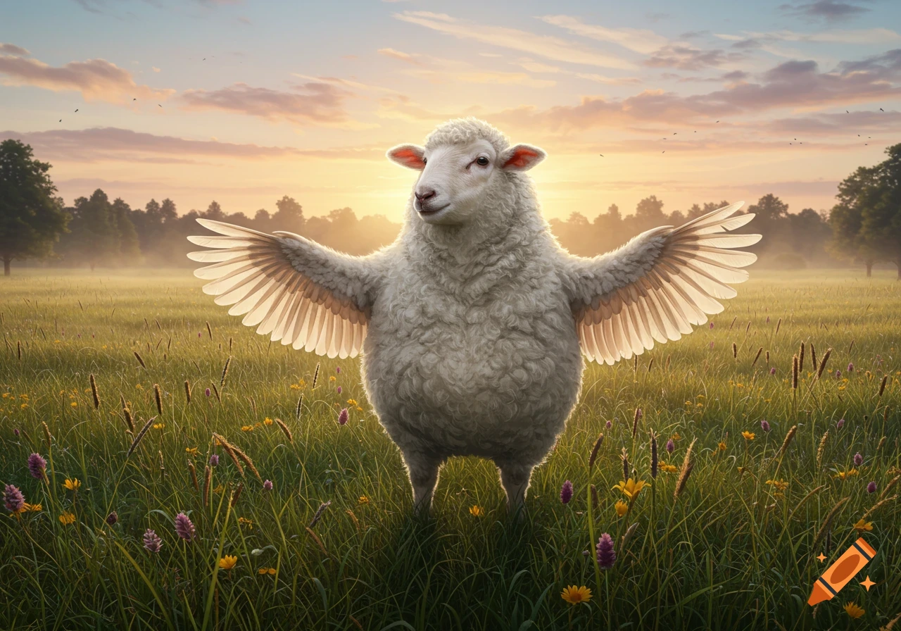Photorealistic image of a fluffy sheep with large feathered wings standing in a vibrant green field at sunset.