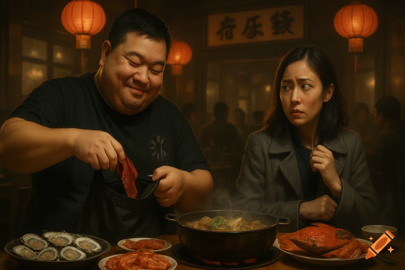 Photorealistic image of a man secretly slipping beef into a bag while a nervous woman sits beside him at a Hong Kong hot pot restaurant.