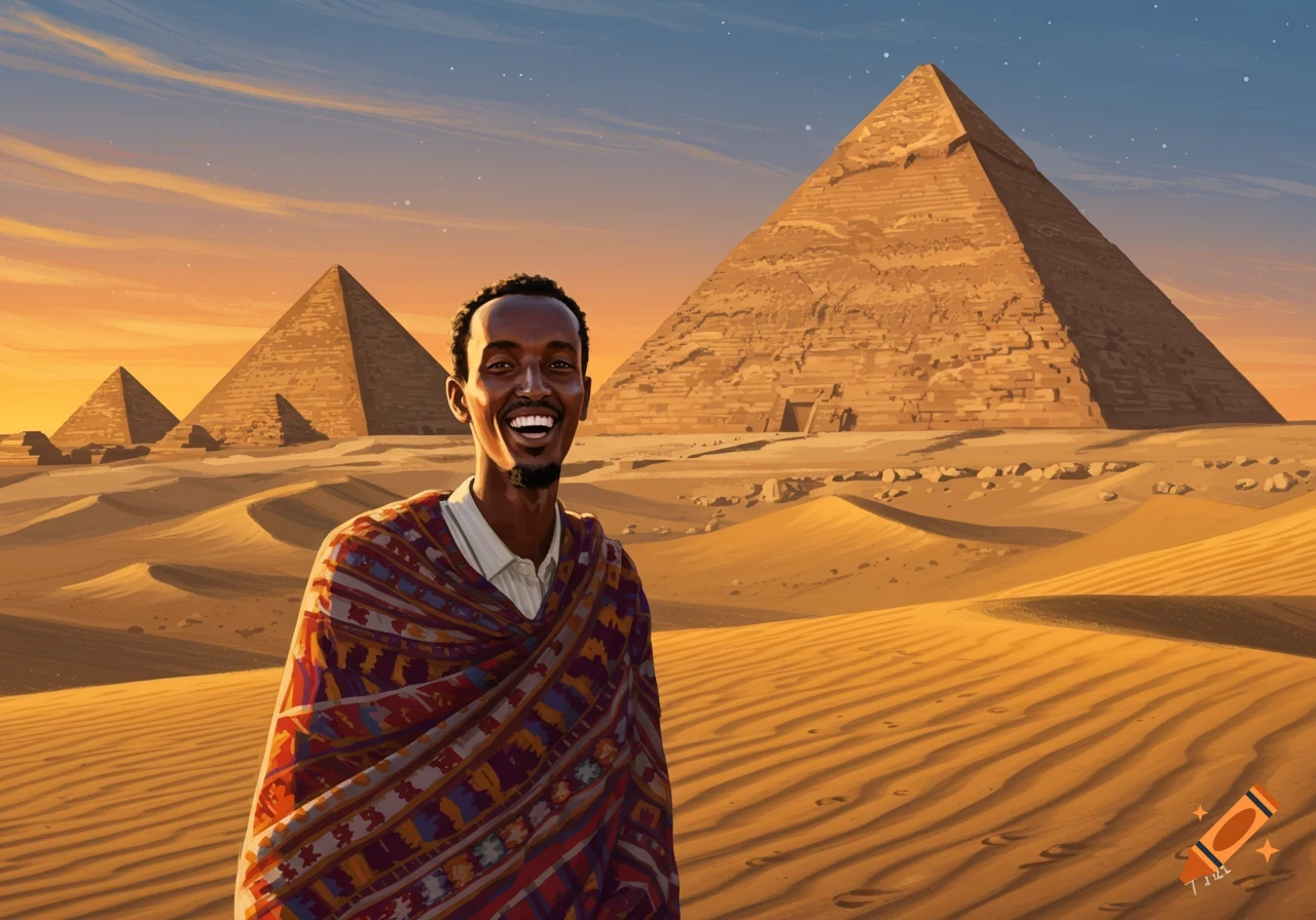 A smiling man in a colorful patterned shawl stands in a desert landscape with ancient Egyptian pyramids at sunset.