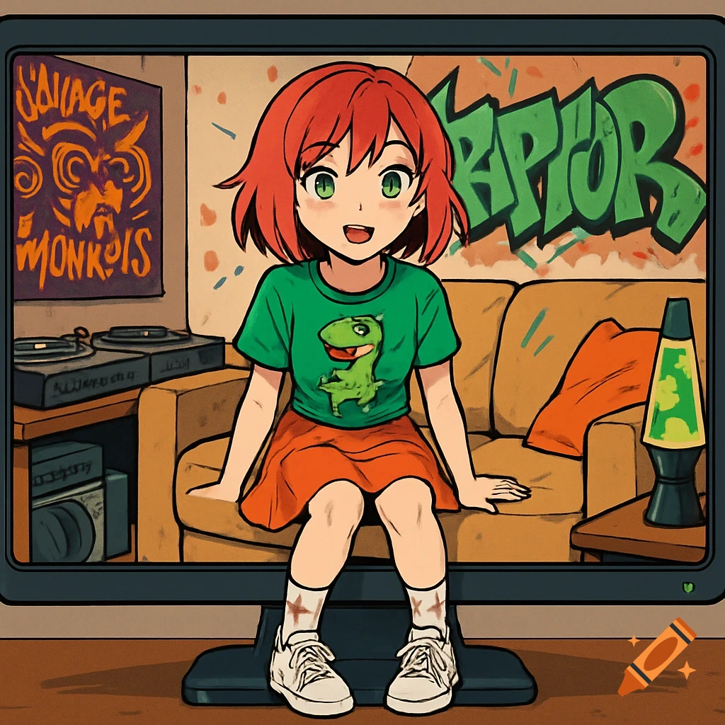An anime girl with red hair and green eyes sits on a couch in a living room with graffiti walls and a lava lamp.