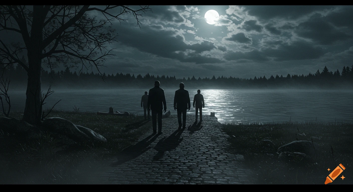 Four silhouetted figures walk on a cobblestone path toward a moonlit lake with a forest under a cloudy night sky.