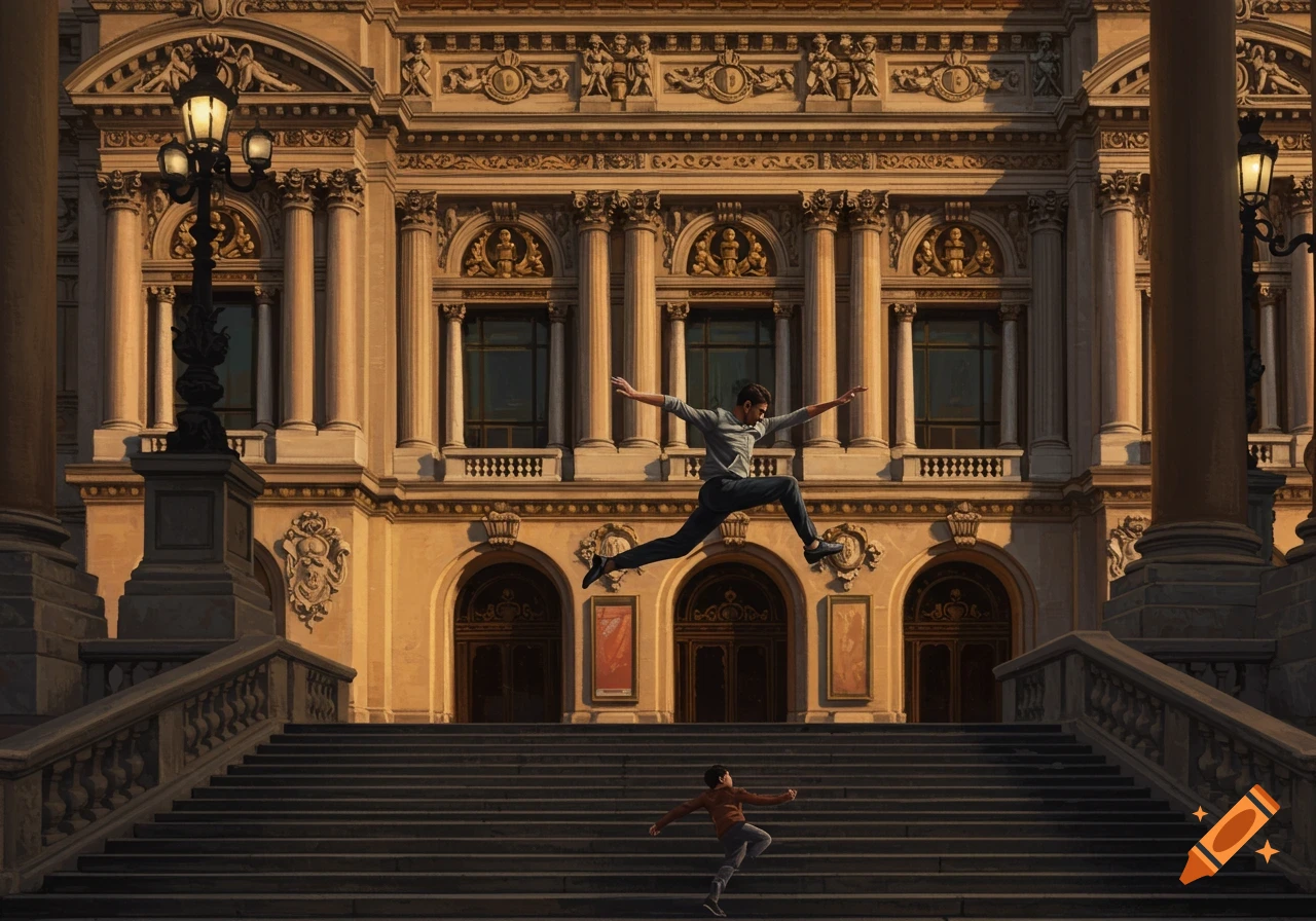 Man jumps in front of a grand classical opera house while a child runs up wide stone stairs, in an artistic rendering.