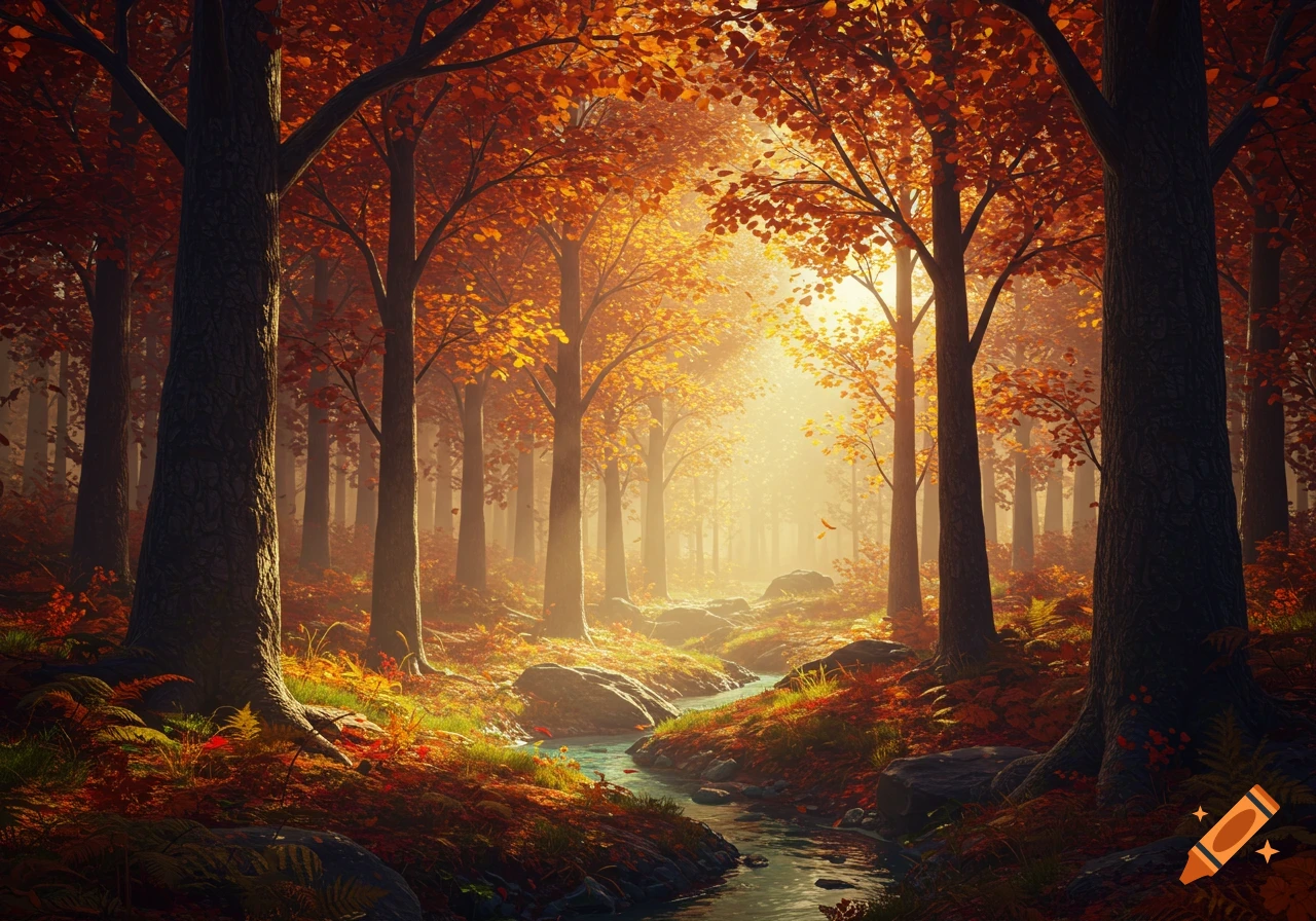 Vibrant autumn forest with orange and yellow trees, sunlight streaming through, a small stream, and fallen leaves on the ground.