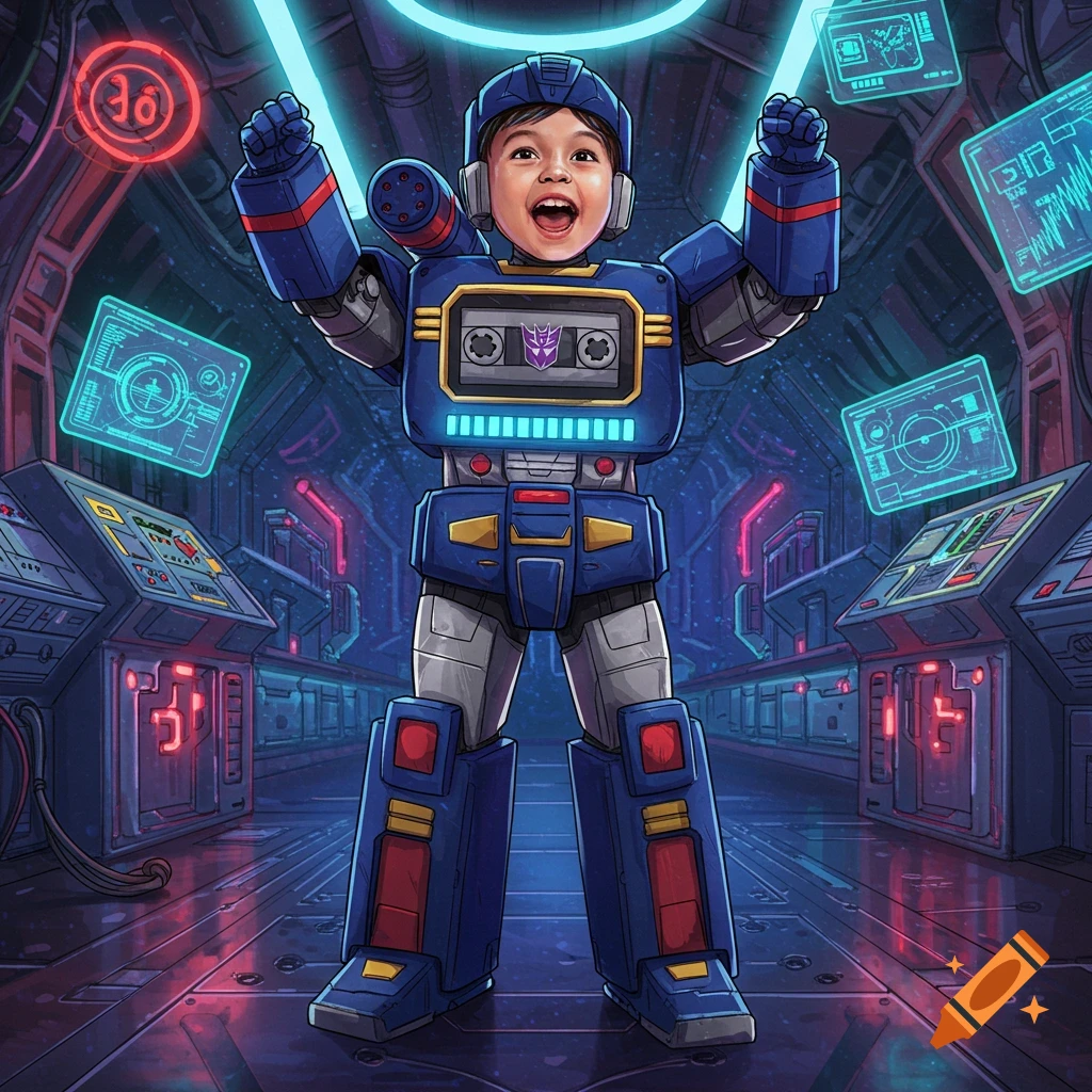 A happy child in a detailed Soundwave robot costume stands in a futuristic sci-fi control room filled with glowing screens.