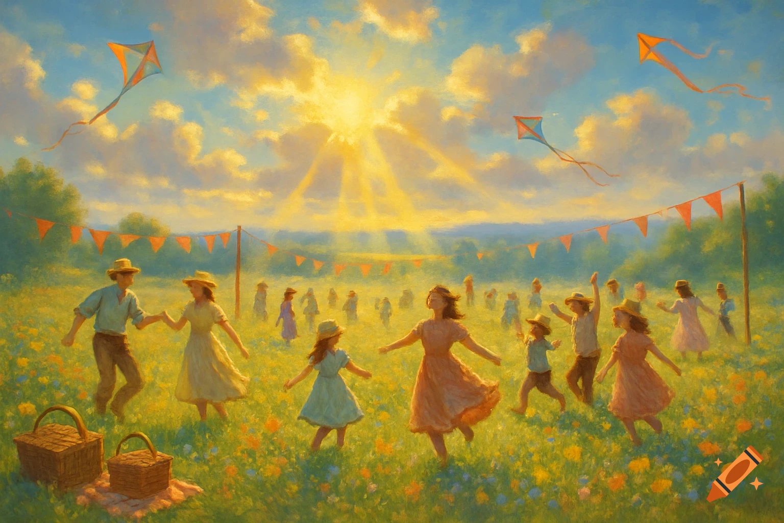 Impressionistic painting of people dancing and flying kites in a sunlit wildflower field with picnic baskets.
