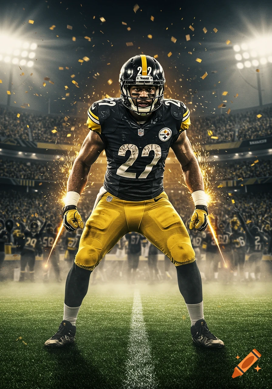 A dynamic photorealistic image of a football player in a black and yellow Steelers uniform, number 22, on a field under stadium lights with confetti.