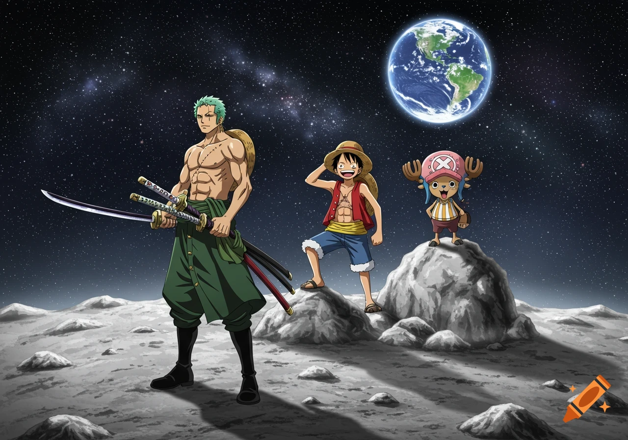 Zoro, Luffy, and Chopper from One Piece stand on the moon's surface under a starry sky with Earth visible in the distance, in an anime style.