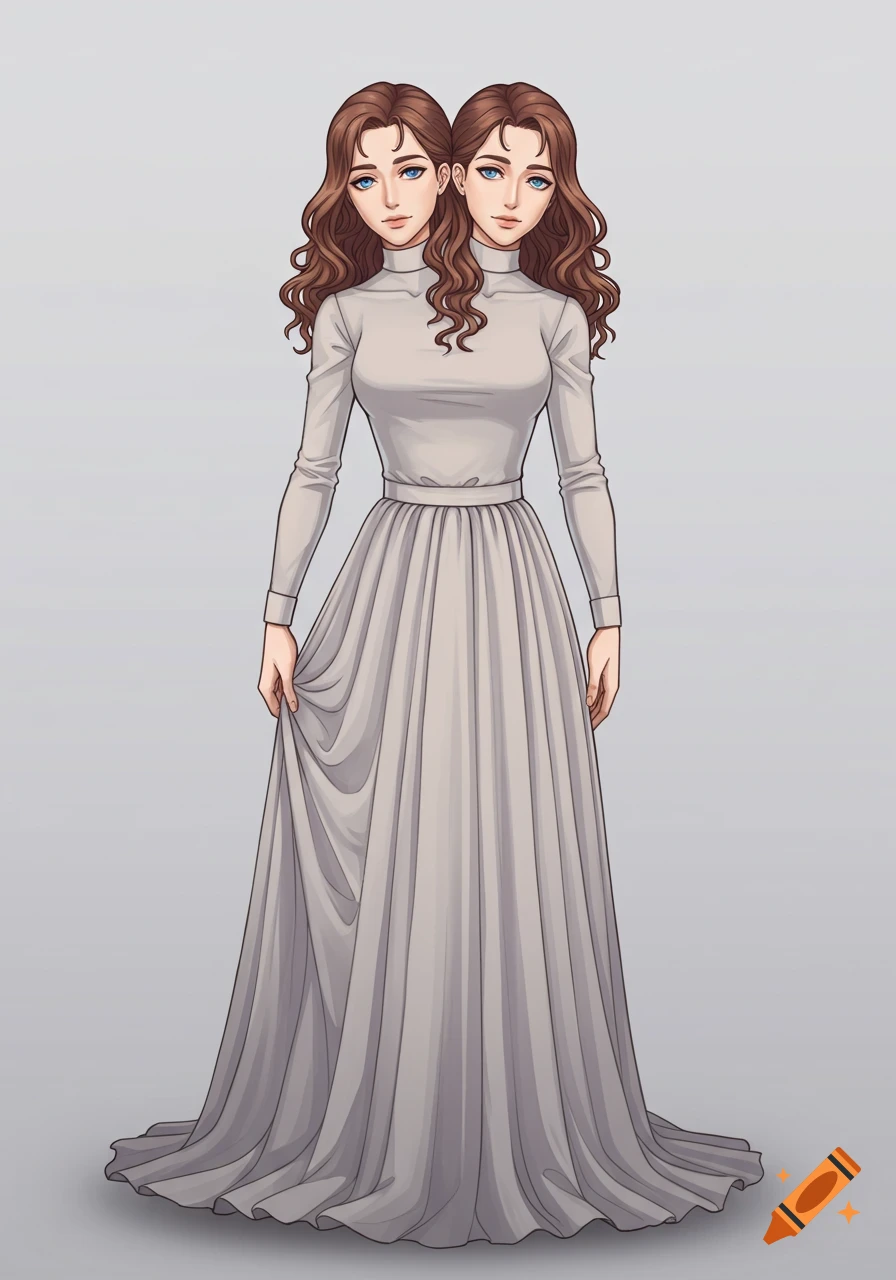 Anime illustration of conjoined twin women with long brown hair, blue eyes, wearing a single modest gray formal dress.