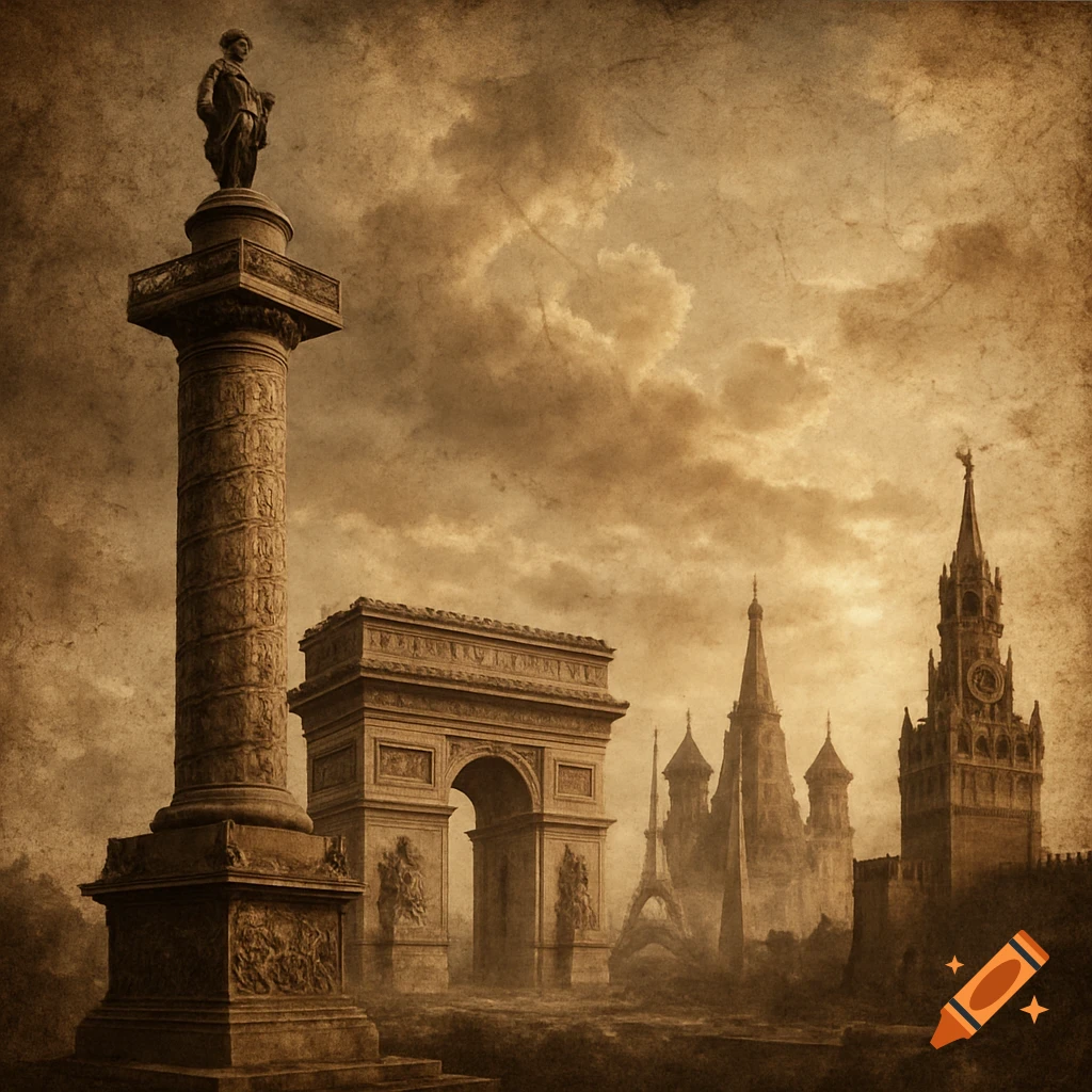 Sepia-toned, grunge image of a classical column with a statue, the Arc de Triomphe, Eiffel Tower, and a Kremlin-like building under a cloudy sky.