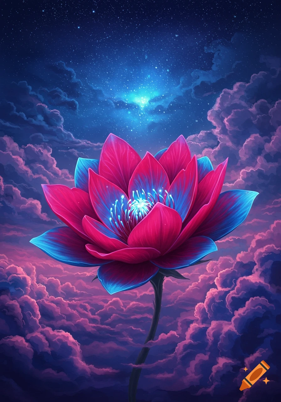 Vibrant pink and blue fantasy lotus flower amidst dramatic purple clouds and a starry, deep blue night sky.