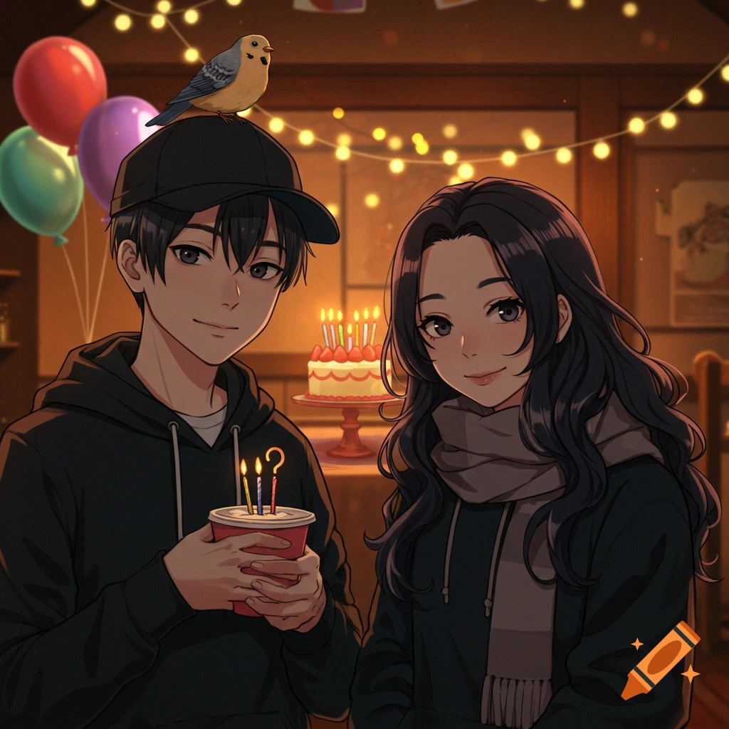 An anime-style young man and woman smiling at a cozy birthday party. The man has a bird on his cap and holds a cup with candles, one showing a question mark. The woman wears a hoodie and scarf. Balloons and a cake are in the background.