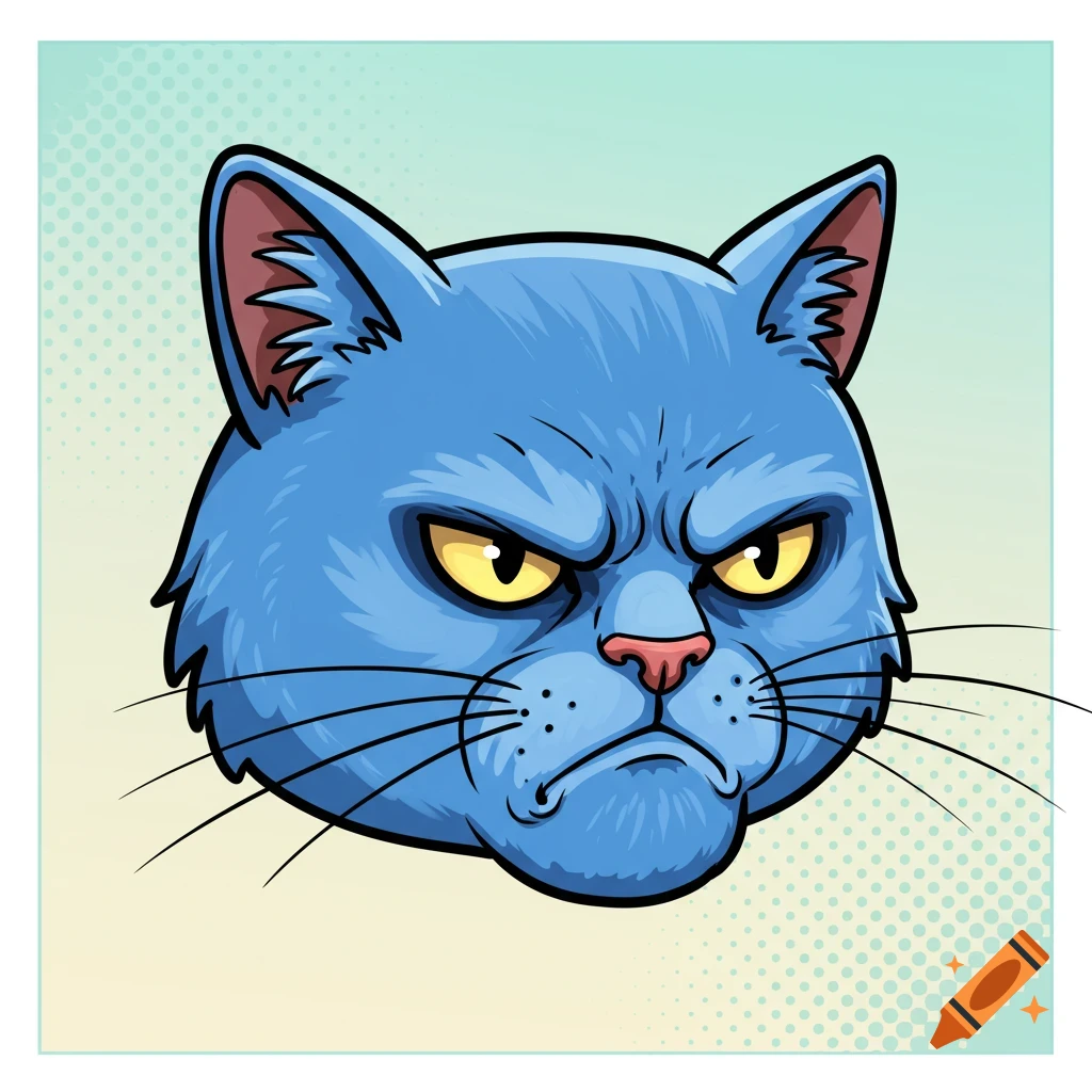 A close-up, comic-style illustration of a grumpy blue cat head with yellow eyes and a pink nose.