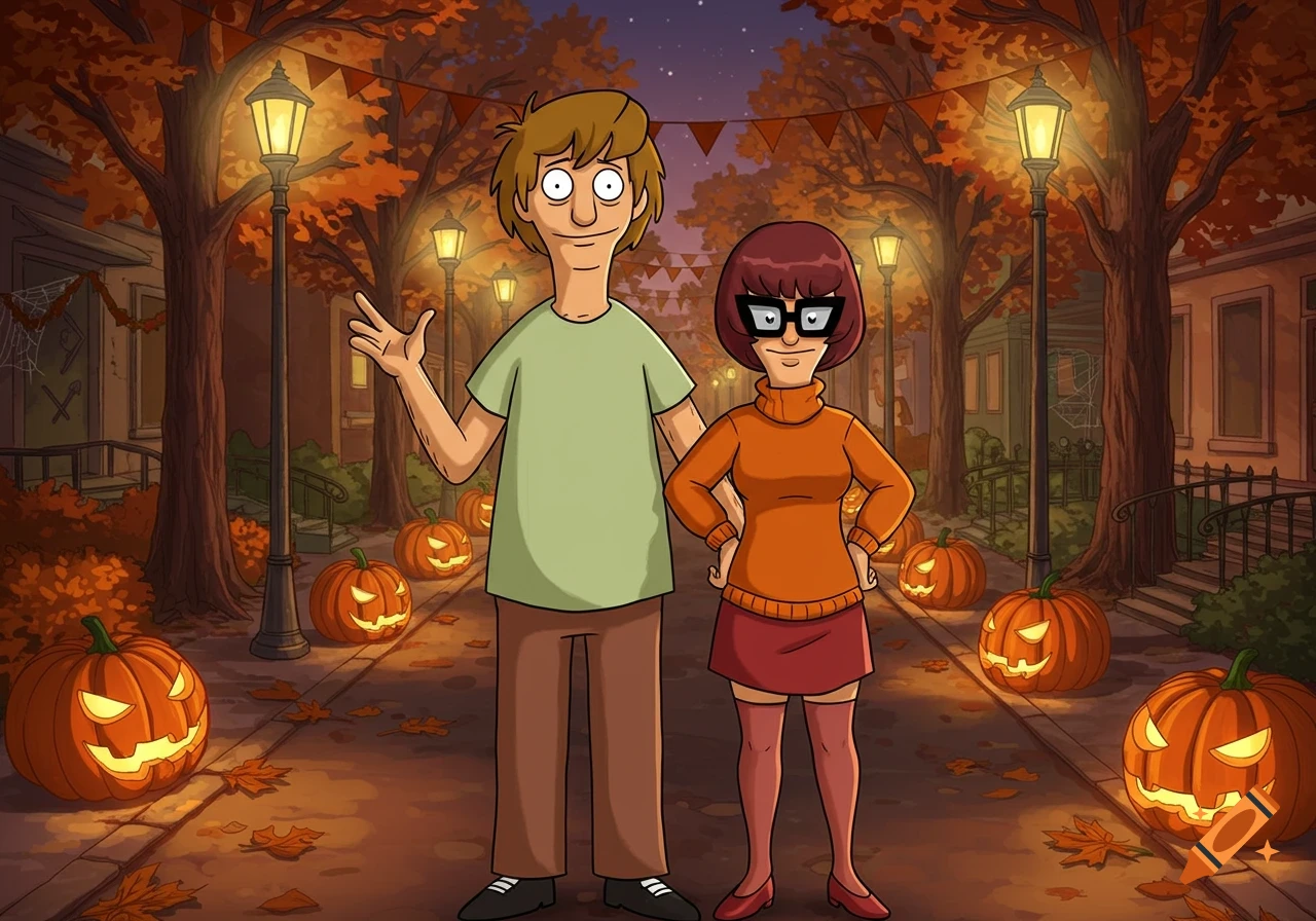 Cartoon characters resembling Bob Belcher as Shaggy and Linda Belcher as Velma on a Halloween-decorated street with pumpkins.