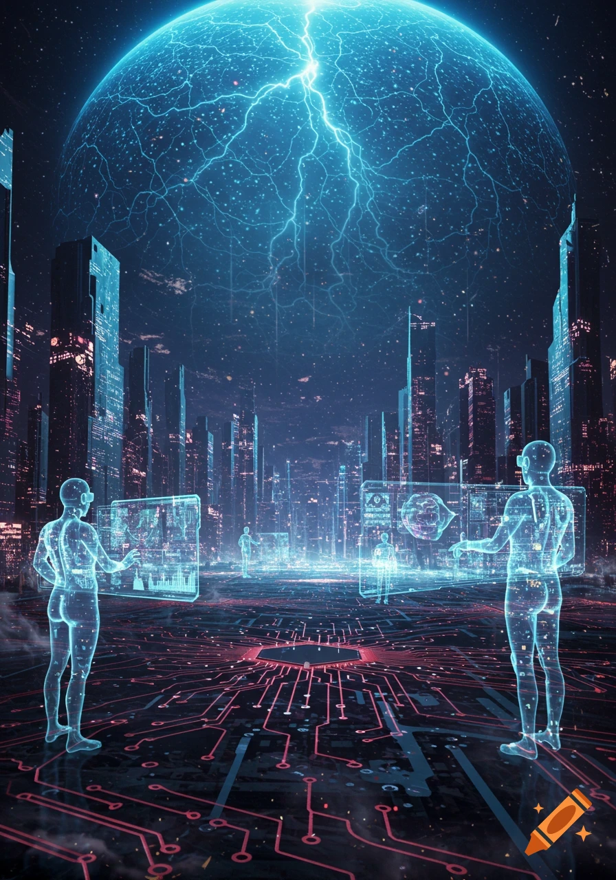 Translucent figures interact with virtual interfaces in a futuristic city with a glowing sphere and circuit board ground, digital art.