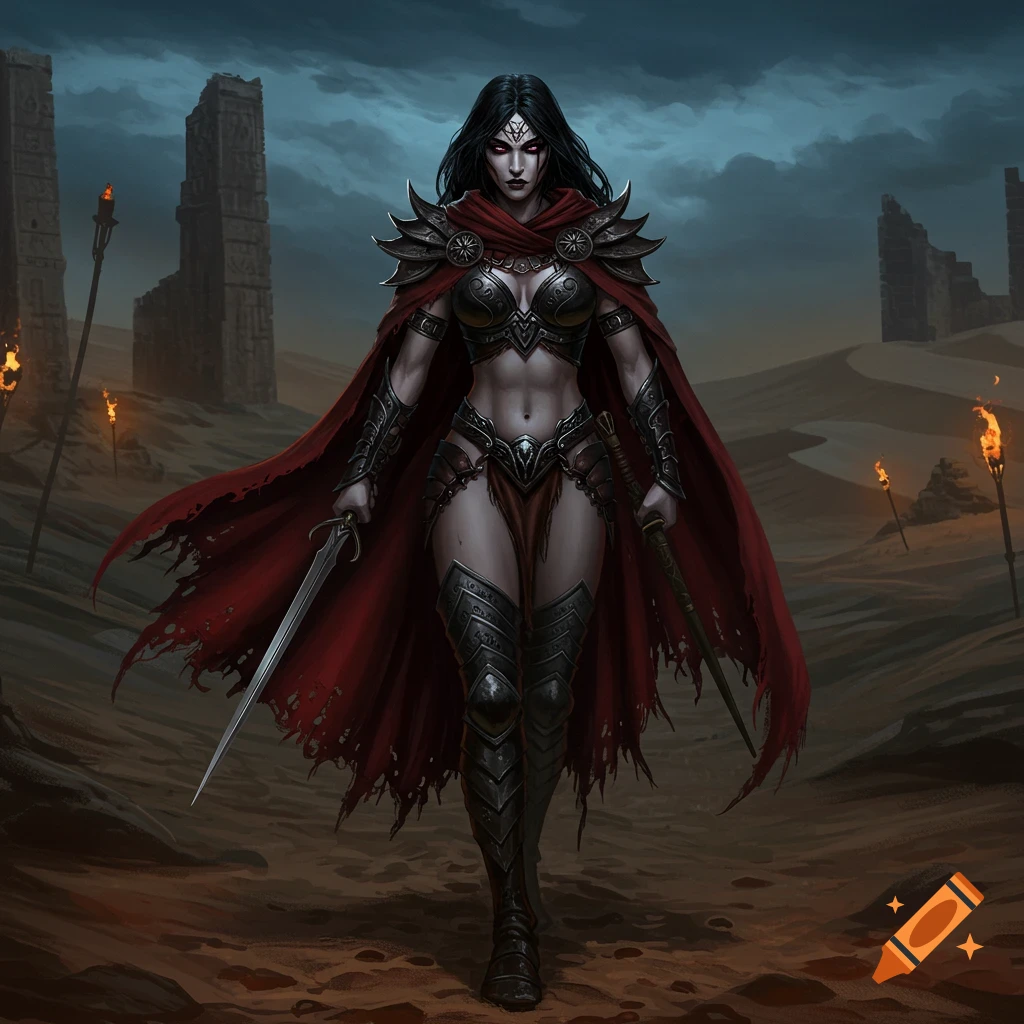 A dark-haired female fantasy warrior in armor and a red cape, holding swords in a desolate desert with ruins.