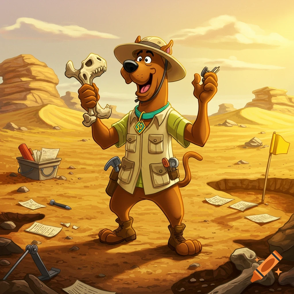 Scooby Doo, dressed as a paleontologist, happily holds a dinosaur skull bone in a desert landscape filled with tools and digging sites.