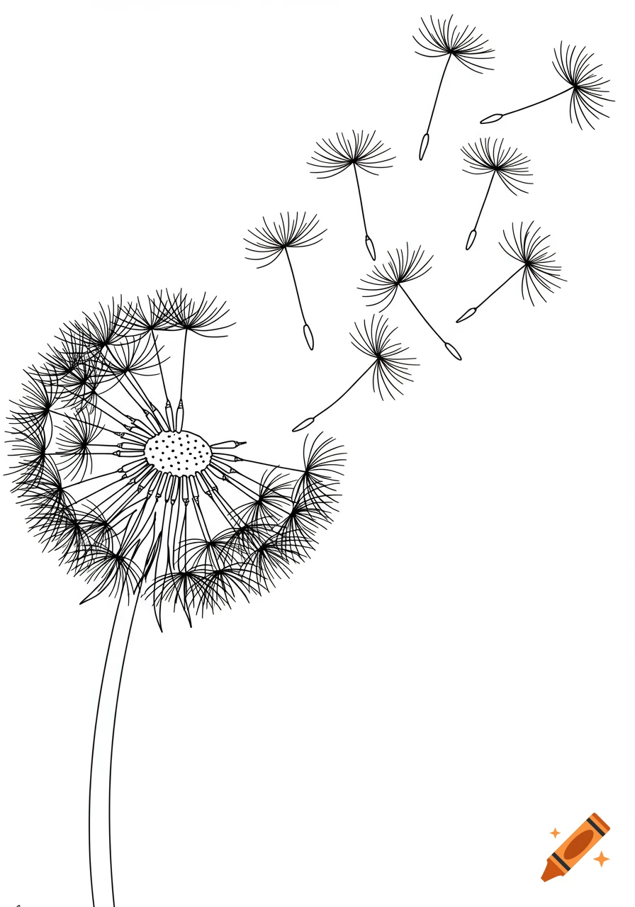 Black and white line art illustration of a dandelion with some seeds blowing away.