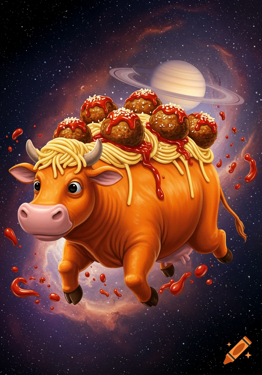Whimsical cartoon orange cow floating in space, adorned with spaghetti, meatballs, and sauce, with Saturn in the background.