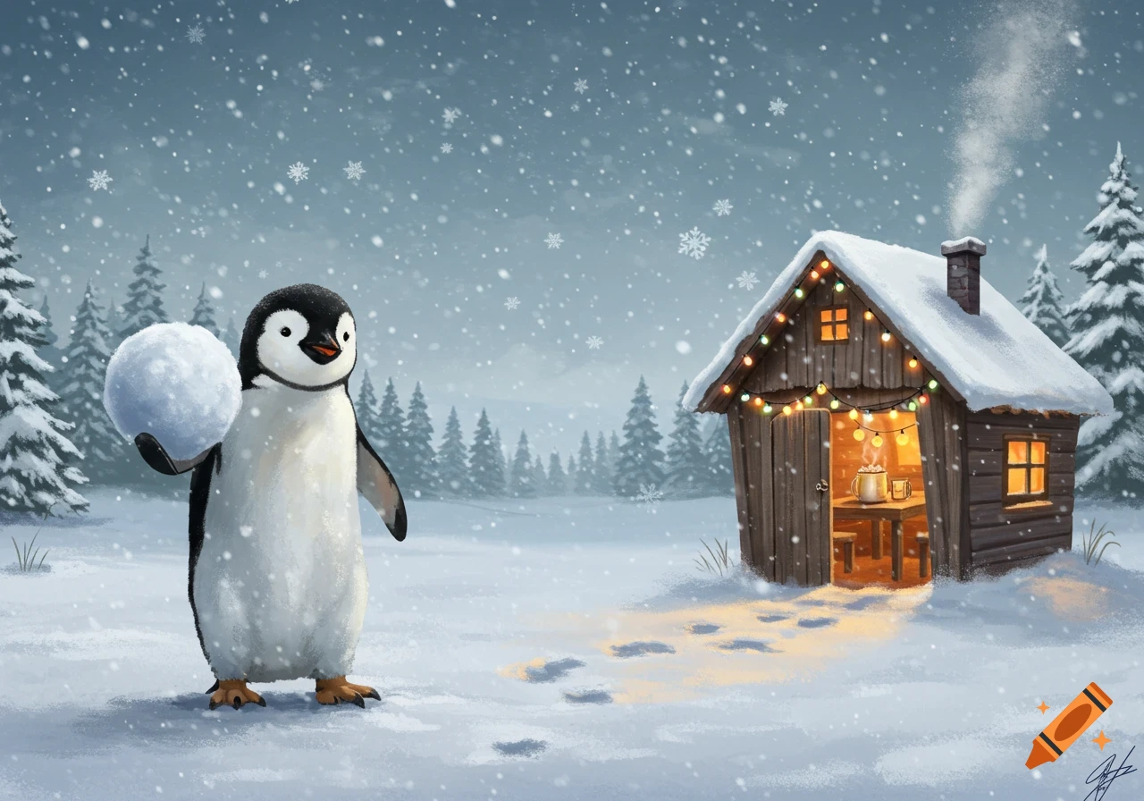 A cute penguin holding a snowball stands in a snowy landscape next to a cozy cabin decorated with Christmas lights.