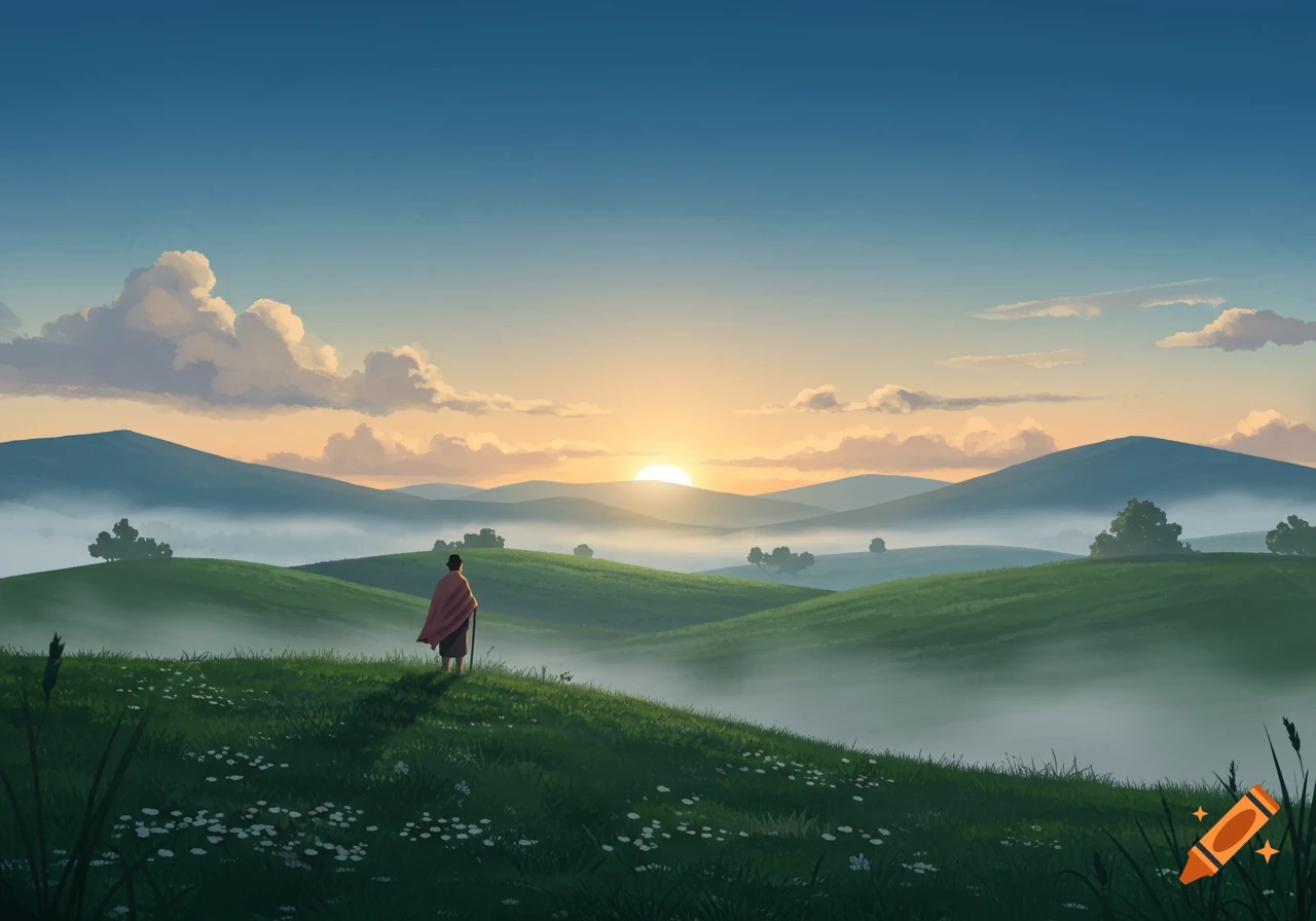 Illustrative view of a figure in a red cloak standing on a grassy hill overlooking a misty valley at sunrise.