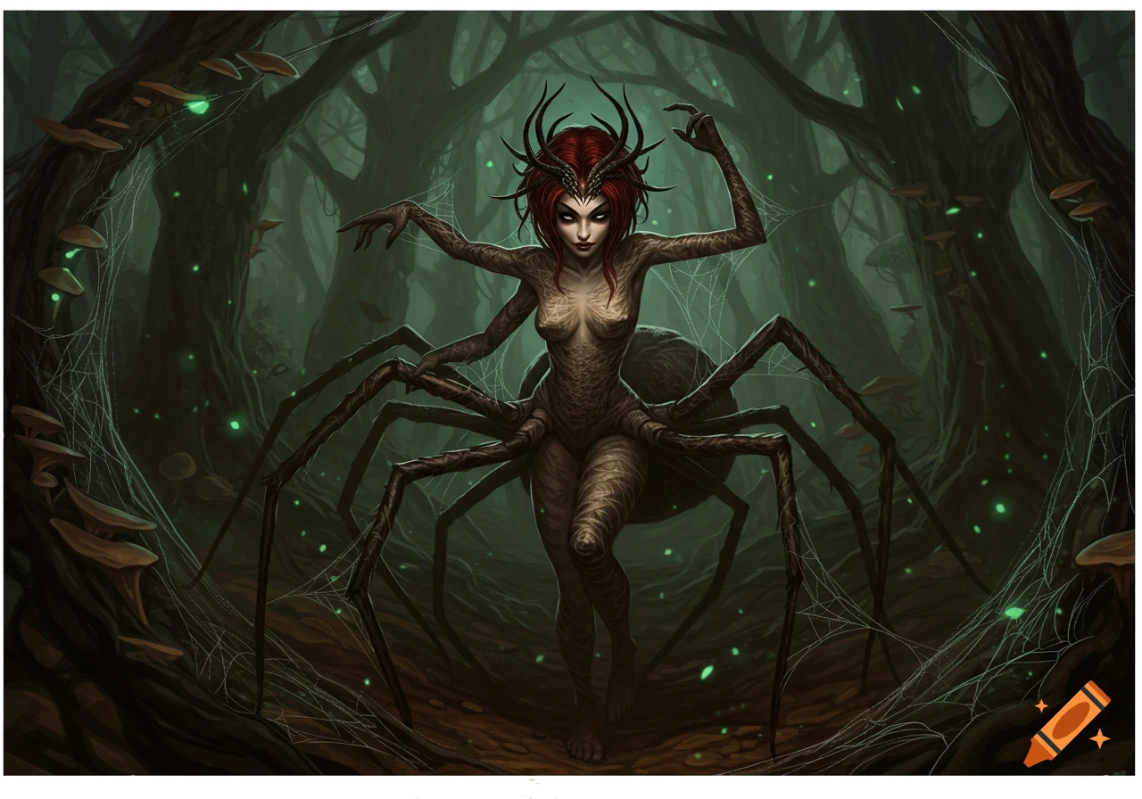 A mythological spider-woman (Arachne) with a human torso and spider legs, in a dark, glowing forest.