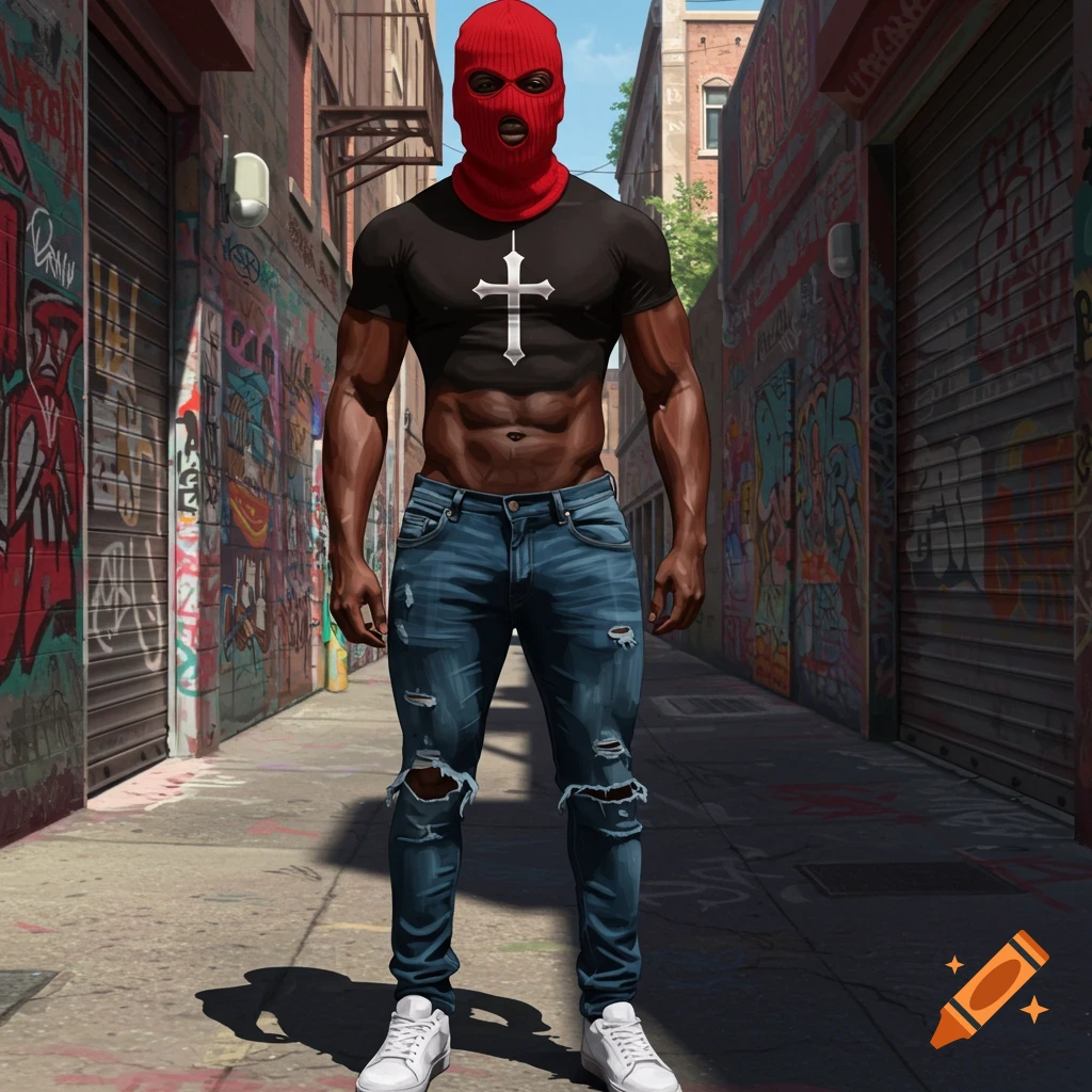 Muscular Black man in a red balaclava, black cross t-shirt, ripped jeans, and white sneakers in a graffiti-covered alley.