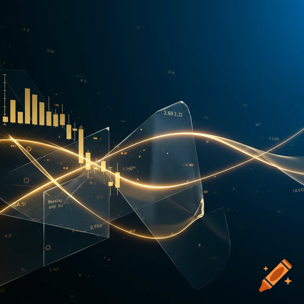 Abstract financial data visualization with golden glowing lines, translucent glass elements, and bar charts on a dark blue background.