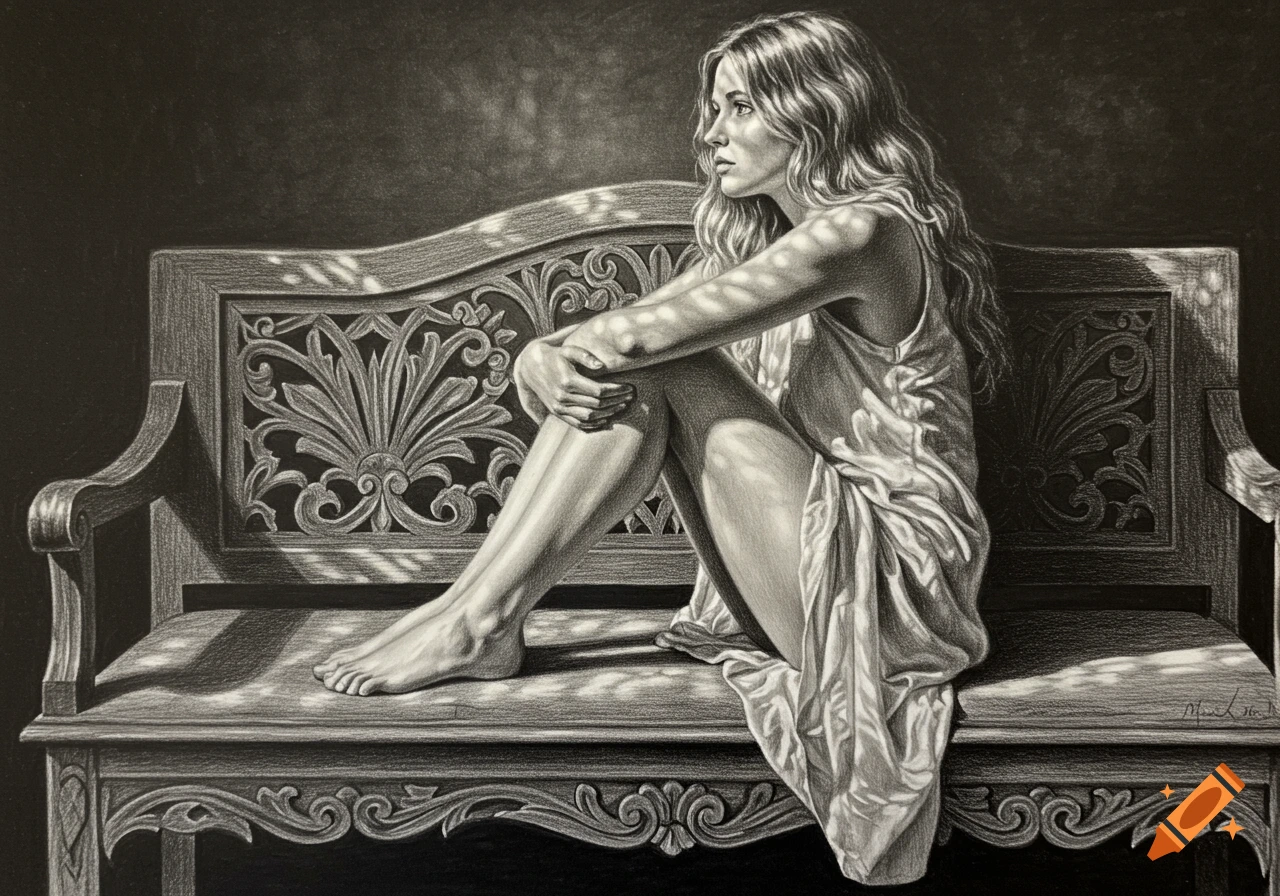 Detailed monochromatic pencil drawing of a barefoot woman in a dress sitting on a carved bench, bathed in sunlight.