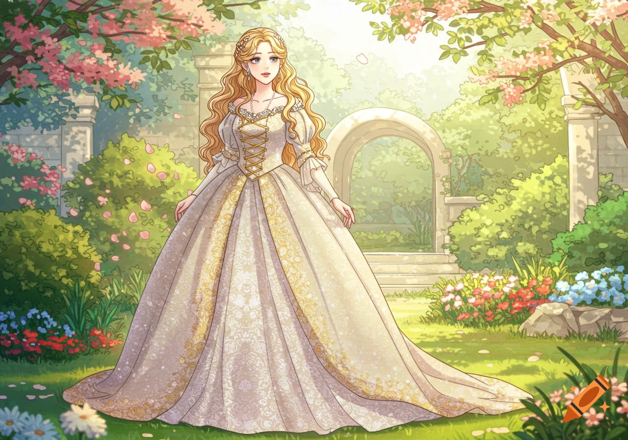 An anime woman with long blonde hair in an ornate white and gold medieval dress stands in a vibrant fantasy garden.