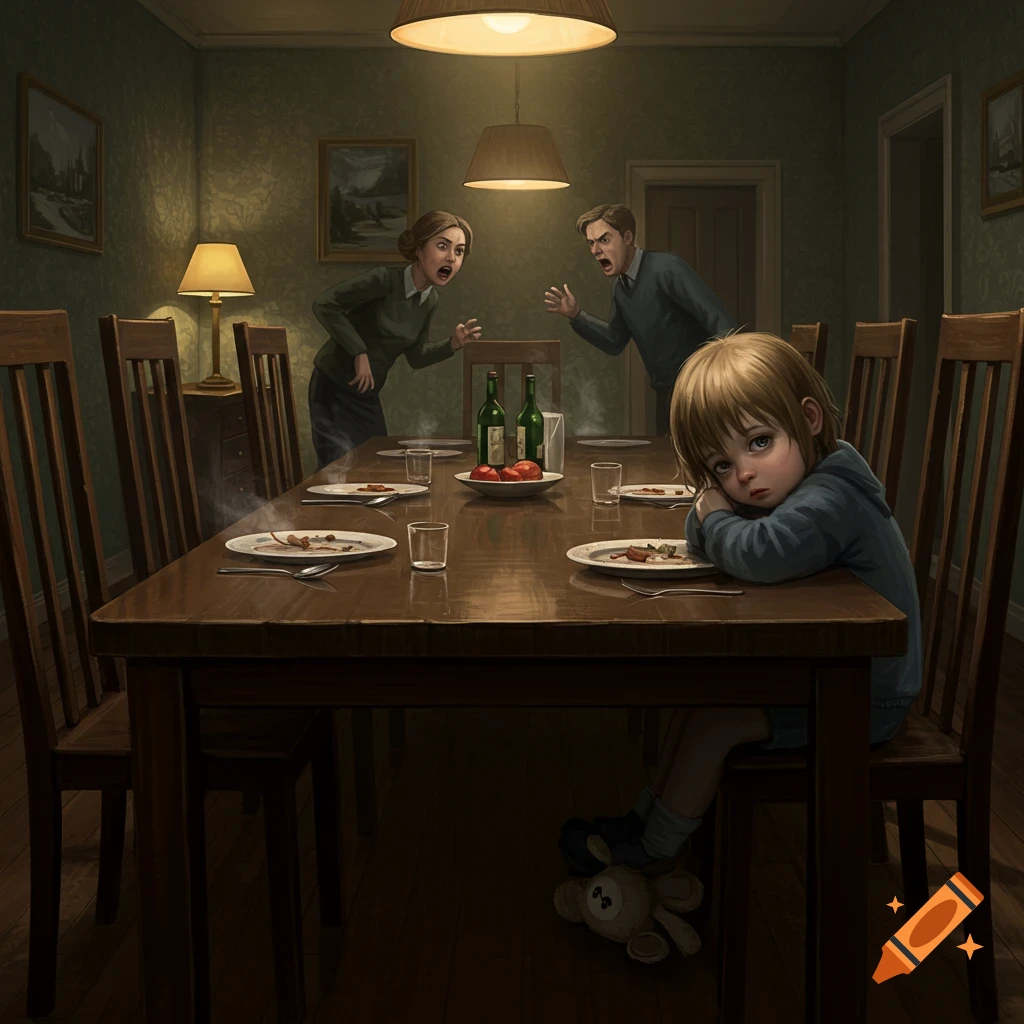 A sad child sits at a dimly lit dinner table while parents yell at each other in the background, digital painting.