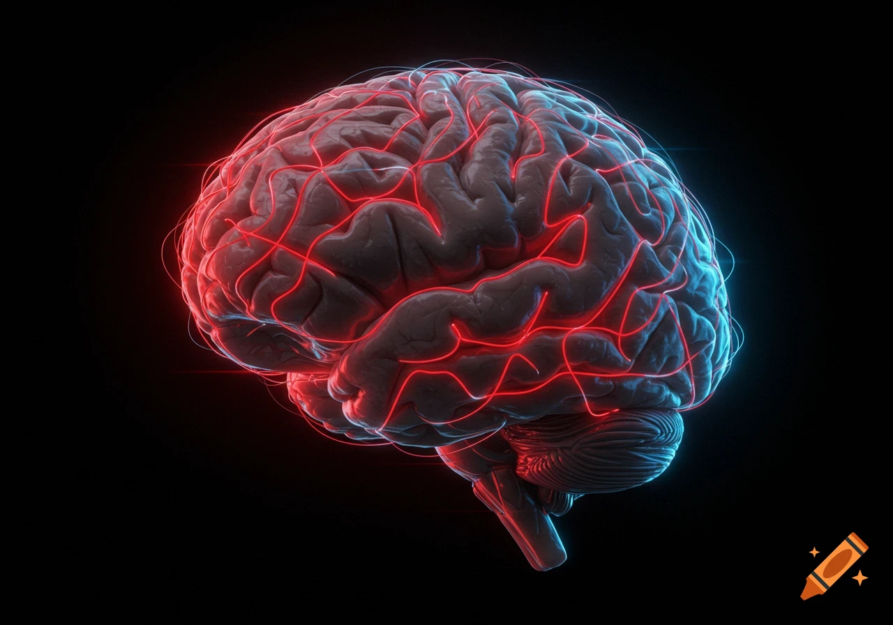 A human brain covered in glowing red and blue wires against a dark background.