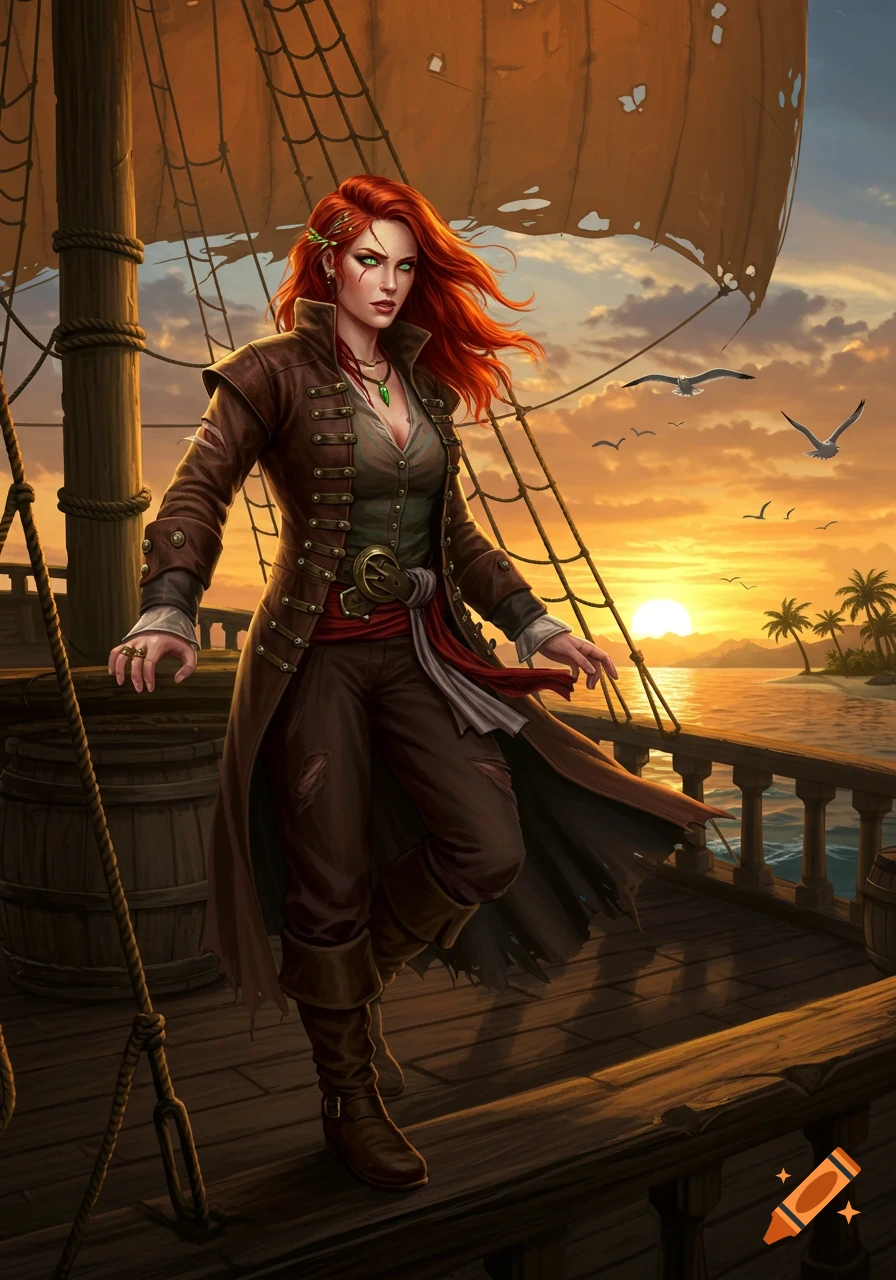 A female pirate with vibrant red hair and a weathered brown leather coat stands on a ship deck at sunset.