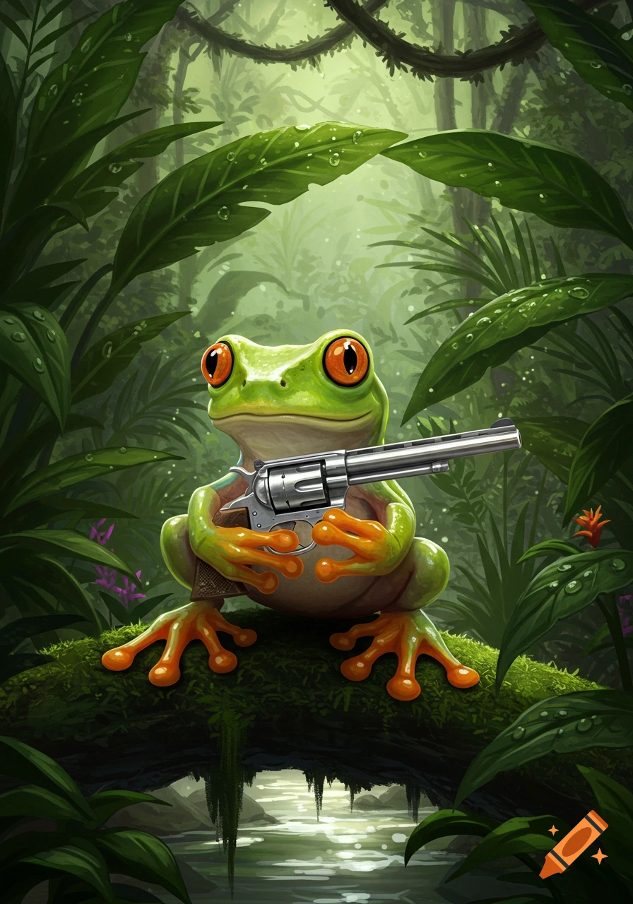 A stylized green frog with orange eyes sits on a mossy branch in a lush jungle, holding a silver revolver. A river flows below.
