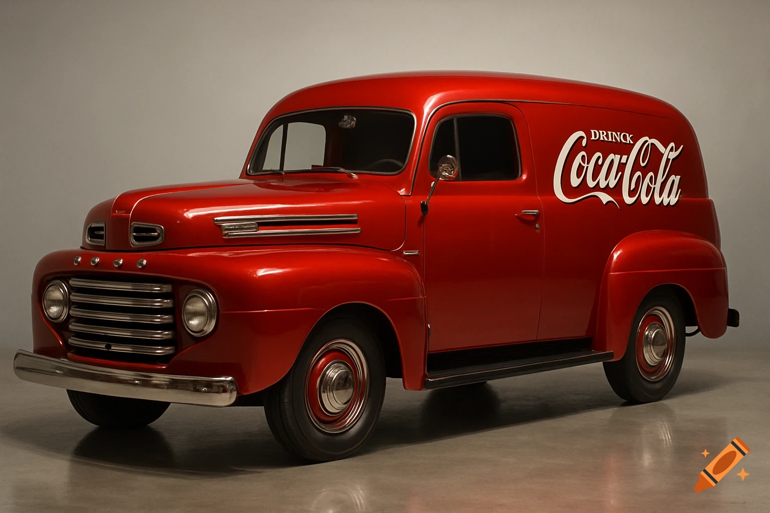 A photorealistic image of a shiny red 1949 Ford F1 panel van with Coca-Cola livery on a silver background.