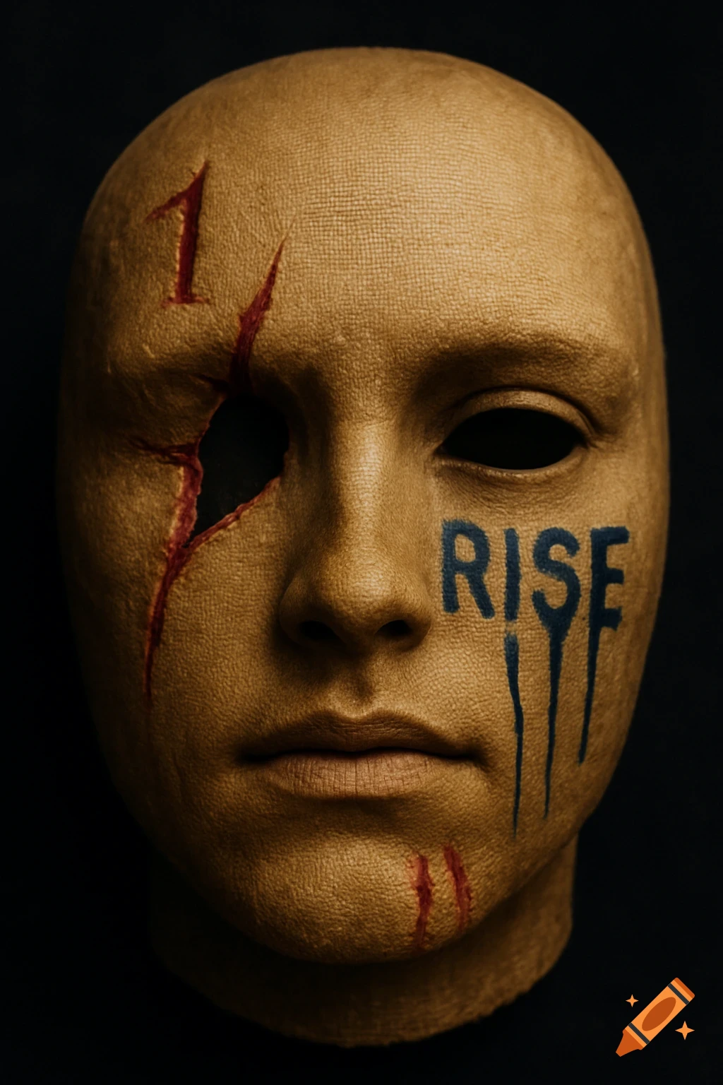 A detailed camel-colored mask with a broken left eye socket, a red '1' above it, and the blue word 'RISE' bleeding down the right cheek.