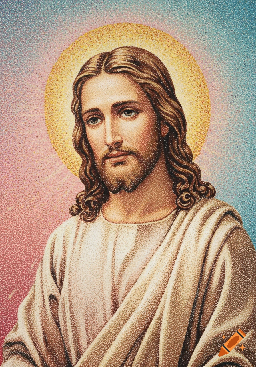 Pointillism portrait of Jesus Christ with a halo against a pink and blue background.