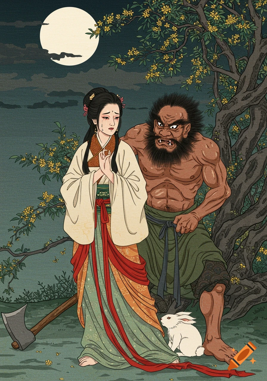 A crying woman in Hanfu and an angry bearded man with an axe under a full moon and flowering tree, with a white rabbit.