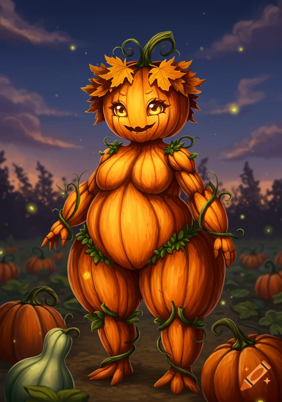 A chubby, female-shaped pumpkin humanoid with maple leaf hair stands in a pumpkin patch under a twilight sky with fireflies, digital art.