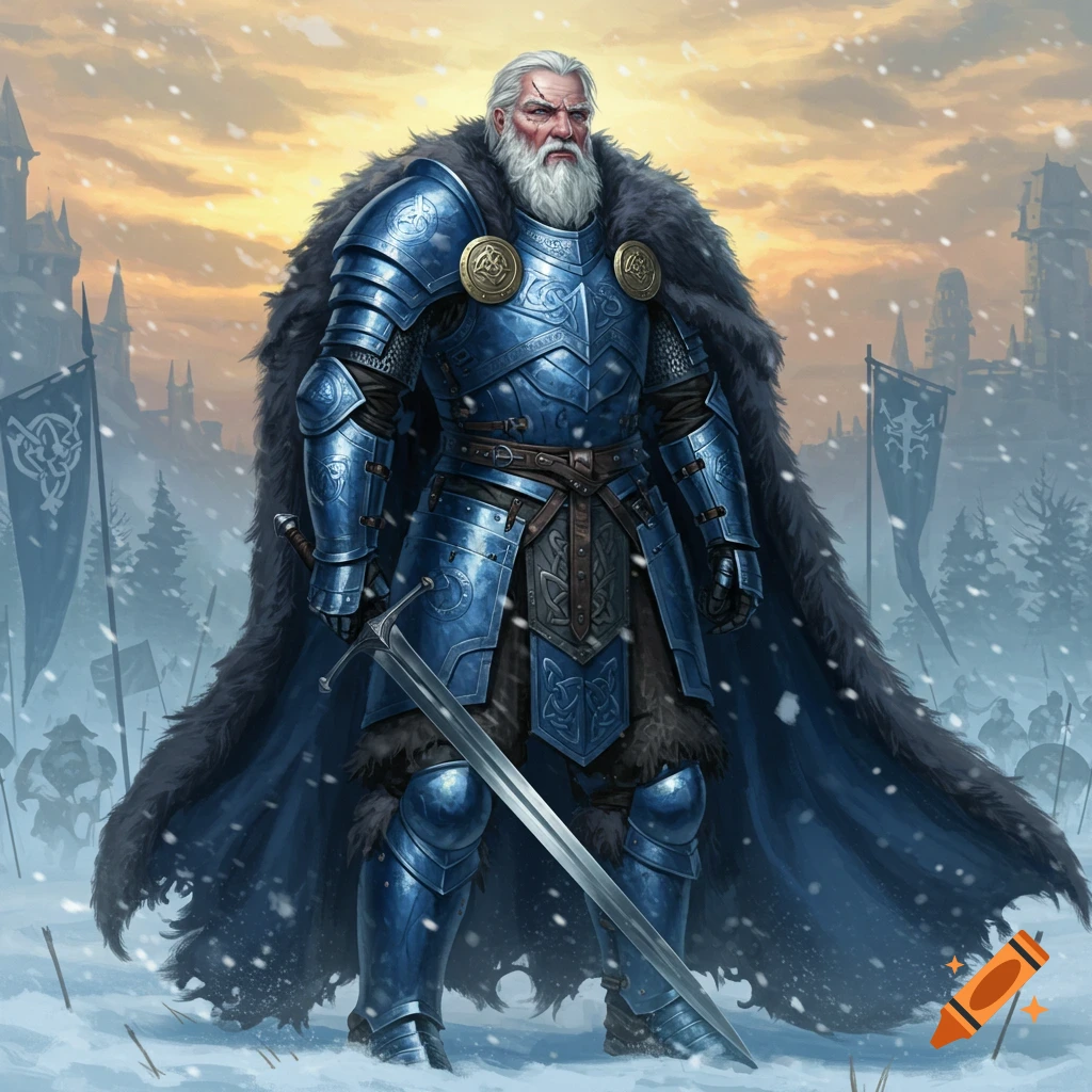 A grizzled general in blue armored plate and fur cloak stands with a sword in a snowy fantasy landscape.