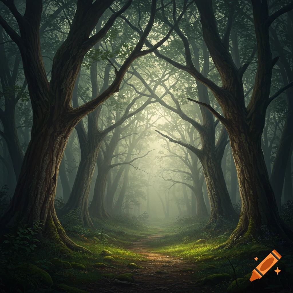A mystical path winds through a dense, dark forest with tall, ancient trees and a misty glow in the distance, in a painterly style.