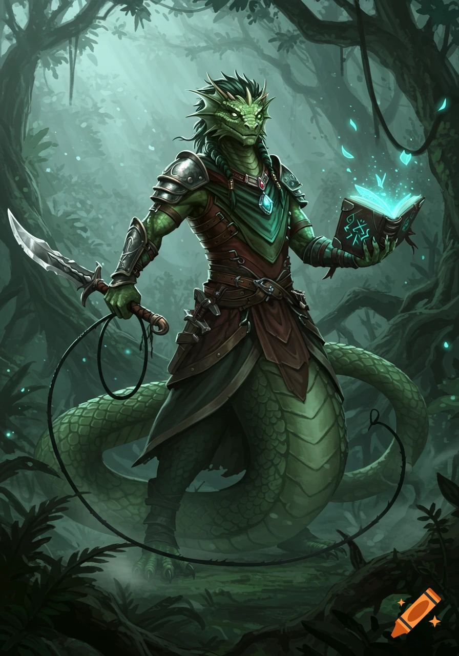 A green serpentine Nagaji warrior in armor holds a glowing magic book and a bladed whip in a mystical jungle.