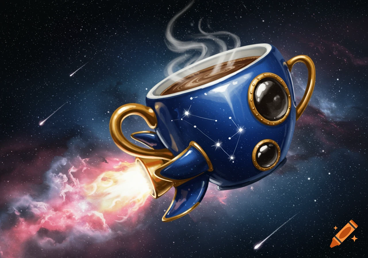 A blue coffee cup shaped like a rocket with gold trim and constellations, flying through a starry space, emitting fiery exhaust.