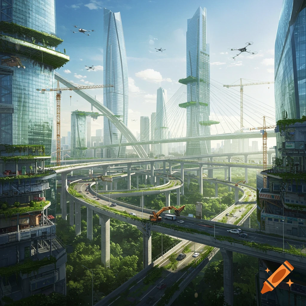 Photorealistic futuristic city with towering skyscrapers, multi-level highways, and lush green vegetation.