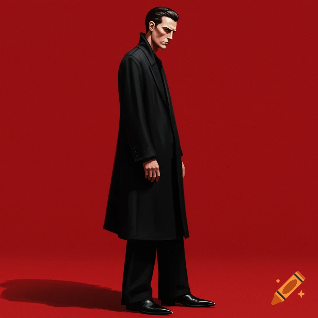 A stylized man in a black trench coat and wide-legged pants stands sideways against a red background.