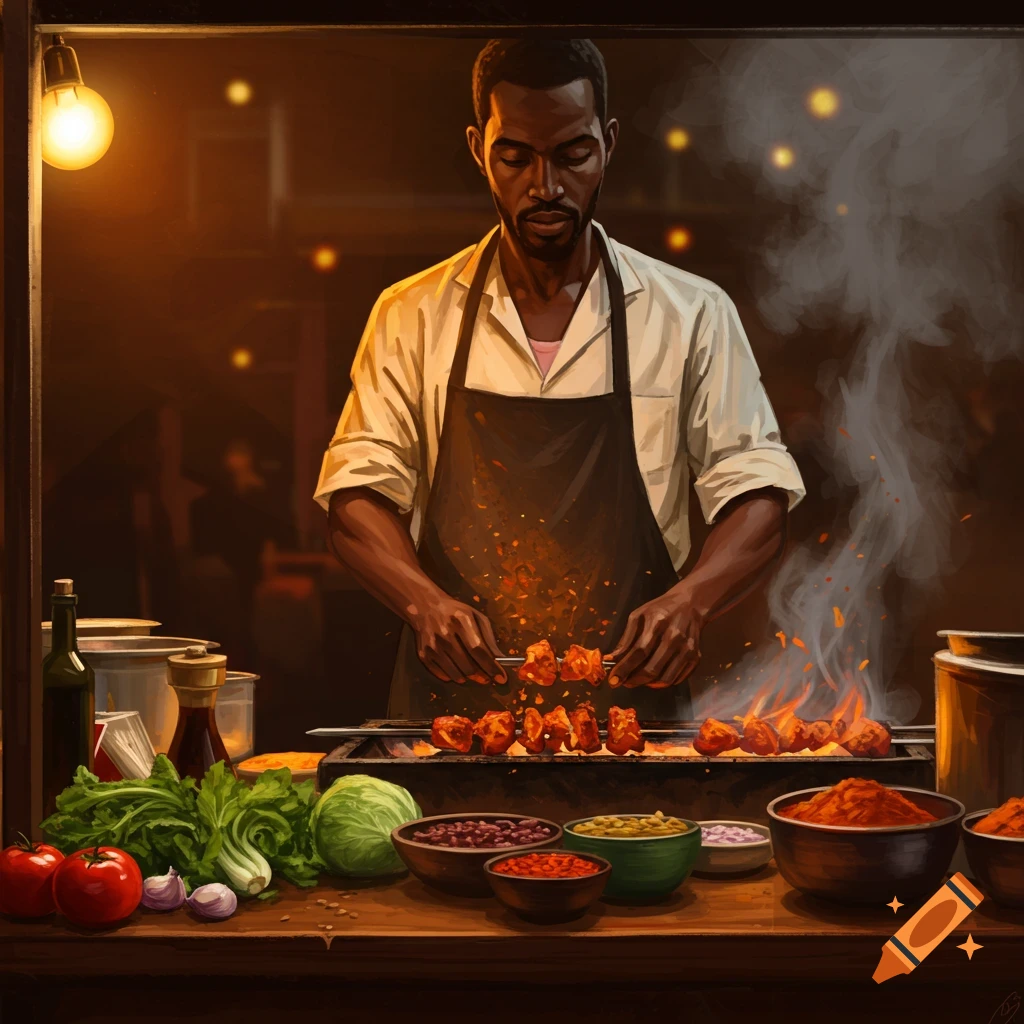 A man grilling kebabs over a fire at a street food stall, surrounded by fresh ingredients in a warm, painterly style.