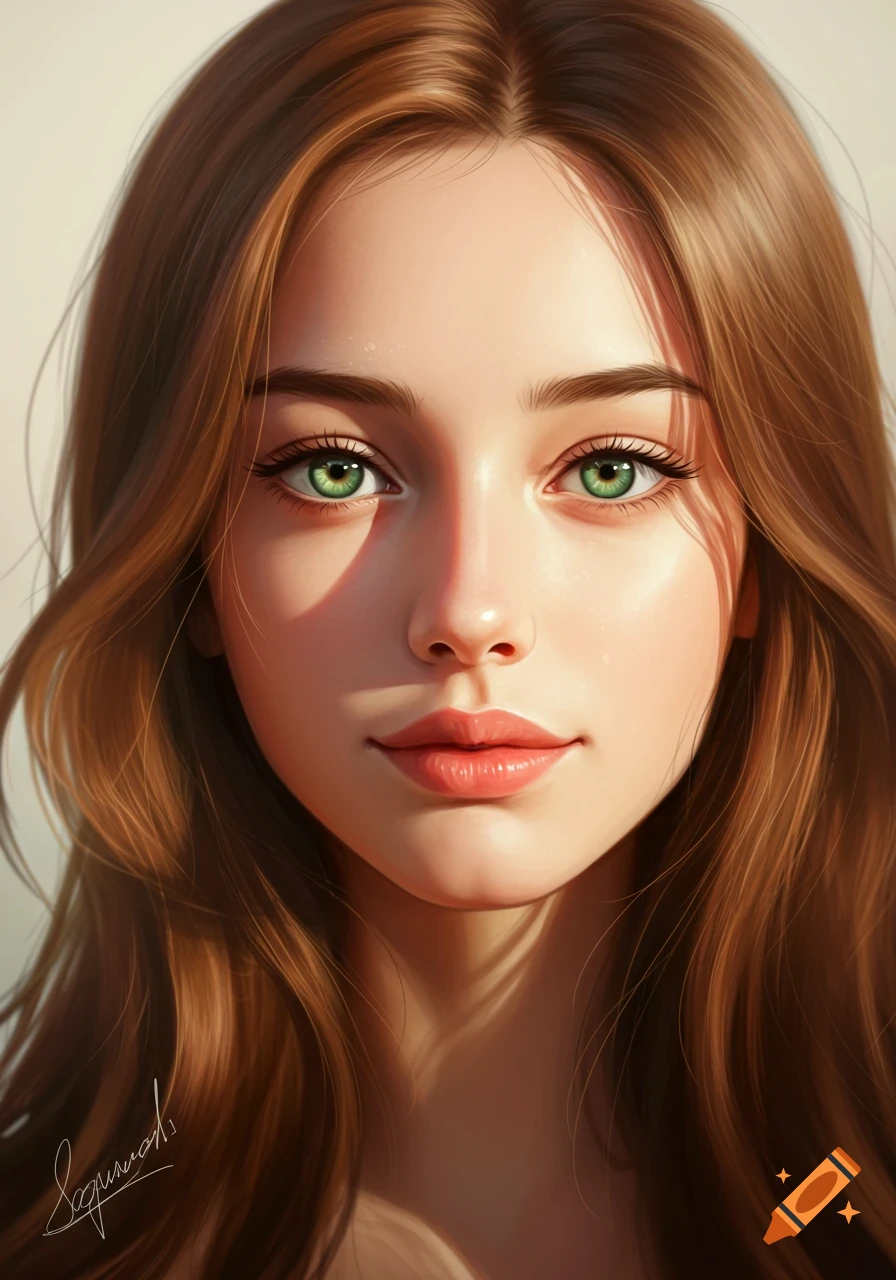 Close-up digital art portrait of a young woman with long brown hair and vivid green eyes, soft lighting.