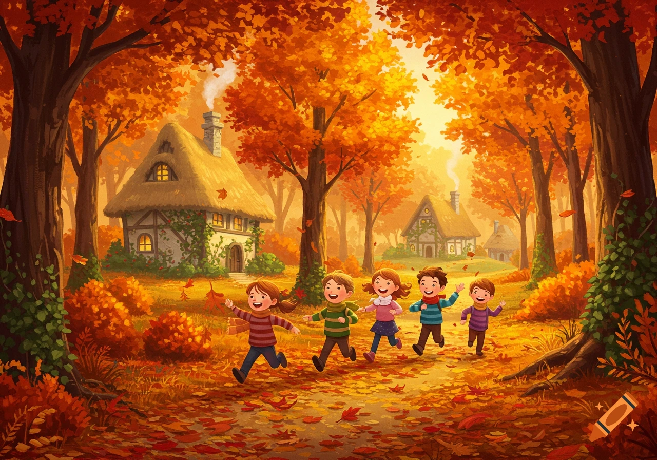 Five joyful children run through a vibrant autumn forest with orange leaves and quaint cottages in an illustration.