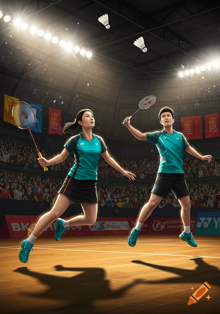 Two badminton players, a man and a woman, jump on a court with rackets and shuttlecocks in a bright stadium.